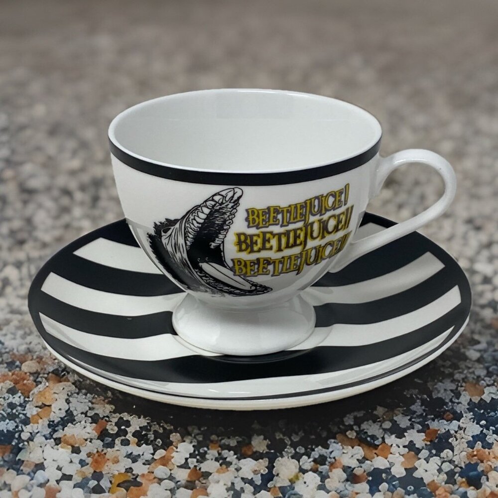 Beetlejuice Tea Cup And Saucer Set Black And White Striped
